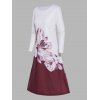 Flower Ink Painting Print Tee Dress Colorblock Long Sleeve Casual Tunic Dress - RED L