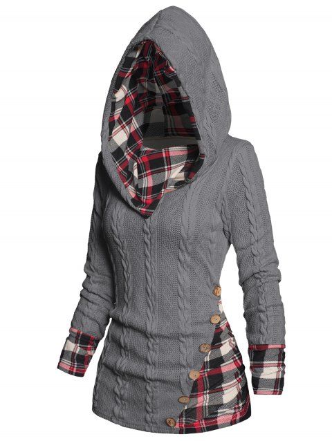 Twisted Cable Knit Plaid Print Hooded Sweater Mock Button Ruched Shawl Neck Sweater