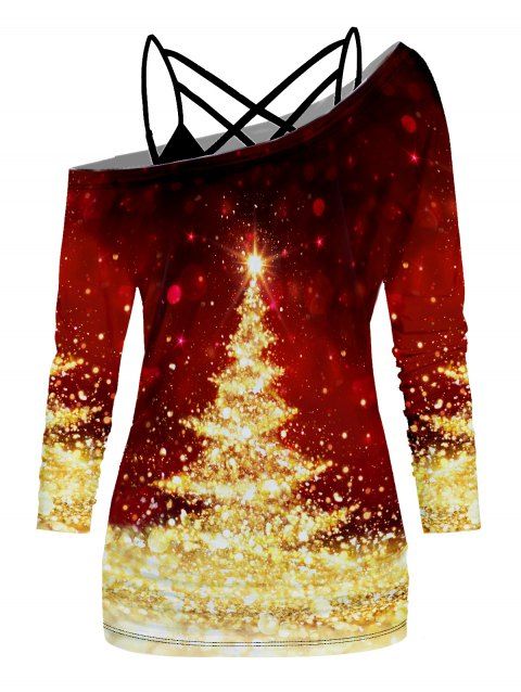 Sparkly Christmas Tree Print Skew Collar Long Sleeve Top And Crisscross Adjustable Strap Camisole Two Piece Set