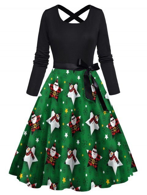 Christmas Cute Snowman Santa Claus Star Print Combo Dress Long Sleeve Cross Bowknot Belt A Line Dress
