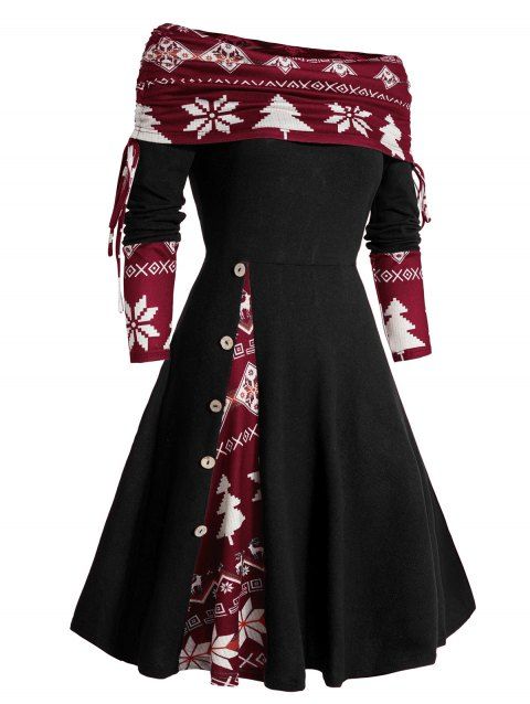 Mini Robe Ligne A en Blocs de Couleurs à Imprimé Flocon de Neige et Sapin de Noël à Manches Longues