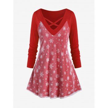 

Plus Size Crisscross Snowflake Mesh Panel Christmas T Shirt, Red