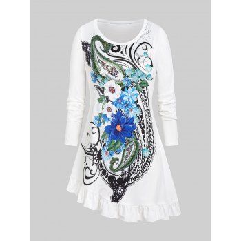 

Plus Size Ruffle Hem Flower Paisley Print T Shirt, White