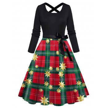 

Christmas Plaid Star Print A Line Dress Long Sleeve Cross Bowknot Belted Ugly Christmas Dress, Red