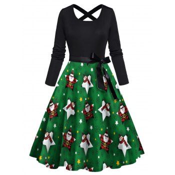 

Christmas Cute Snowman Santa Claus Star Print Combo Dress Long Sleeve Cross Bowknot Belt A Line Dress, Deep green