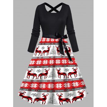 

Christmas Elk Snowflake Print Combo Dress Long Sleeve Bowknot Belt High Waist A Line Dress, Red