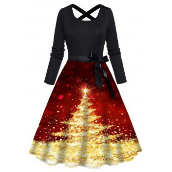 

Christmas Sparkly Tree Print Combo Dress Bowknot Belt Long Sleeve A Line Dress, Deep red