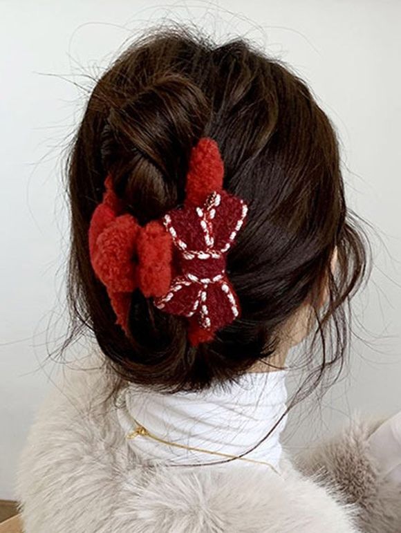 Pince de Noël Griffe de Noël en Fausse Fourrure avec Nœud Papillon - Rouge 