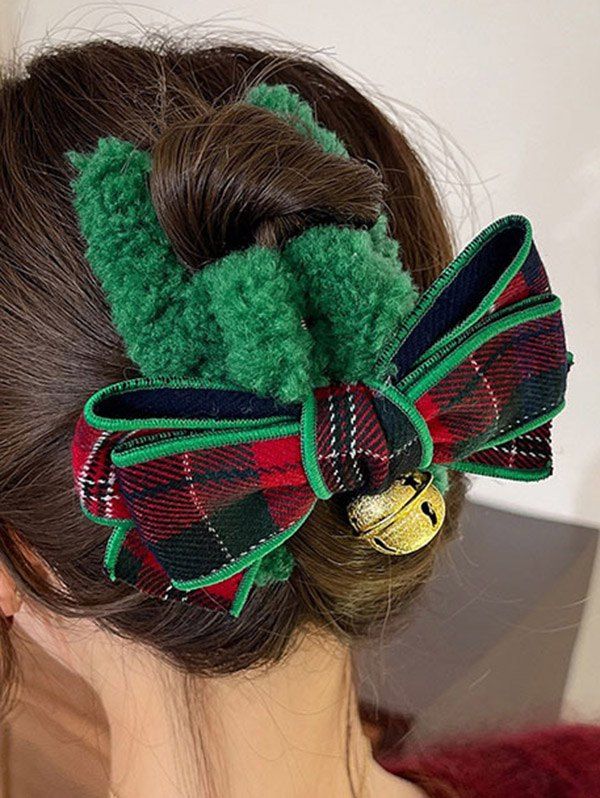 Griffe de Cheveux Noël à Imprimé Griffe de Cloche en Fausse Fourrure - Vert profond 