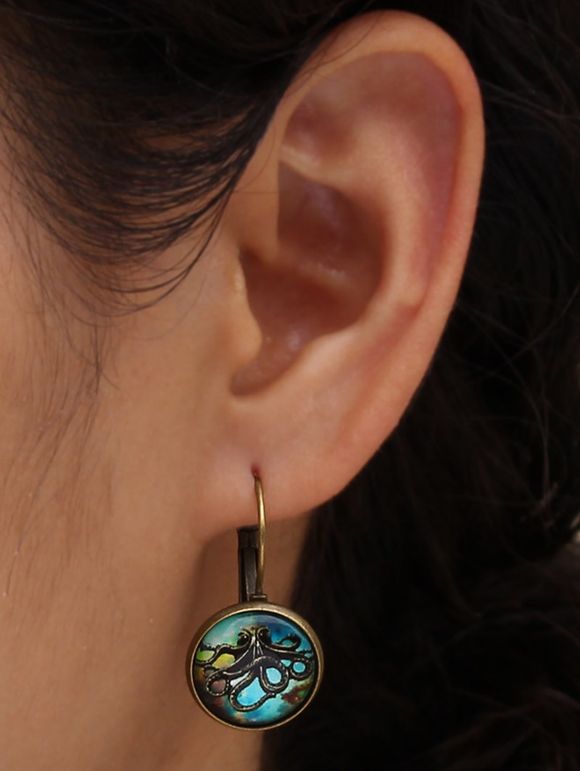 Boucles D'Oreilles Pendantes en Forme de Rond à Imprimé Pieuvre dans L'Océan - Bronze 1 PAIR
