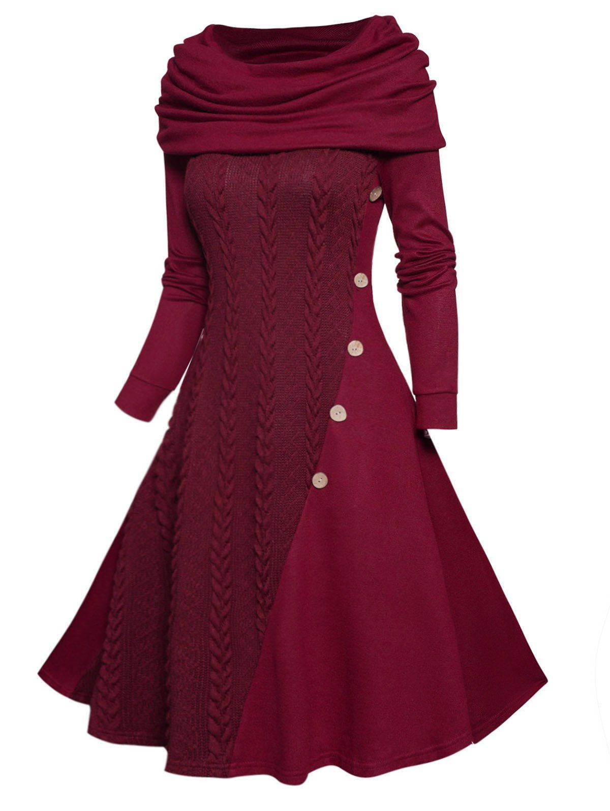 Cable Knit Panel Long Sleeve Knit Dress Mock Button Cowl Neck A Line Knitted Dress - DEEP RED L