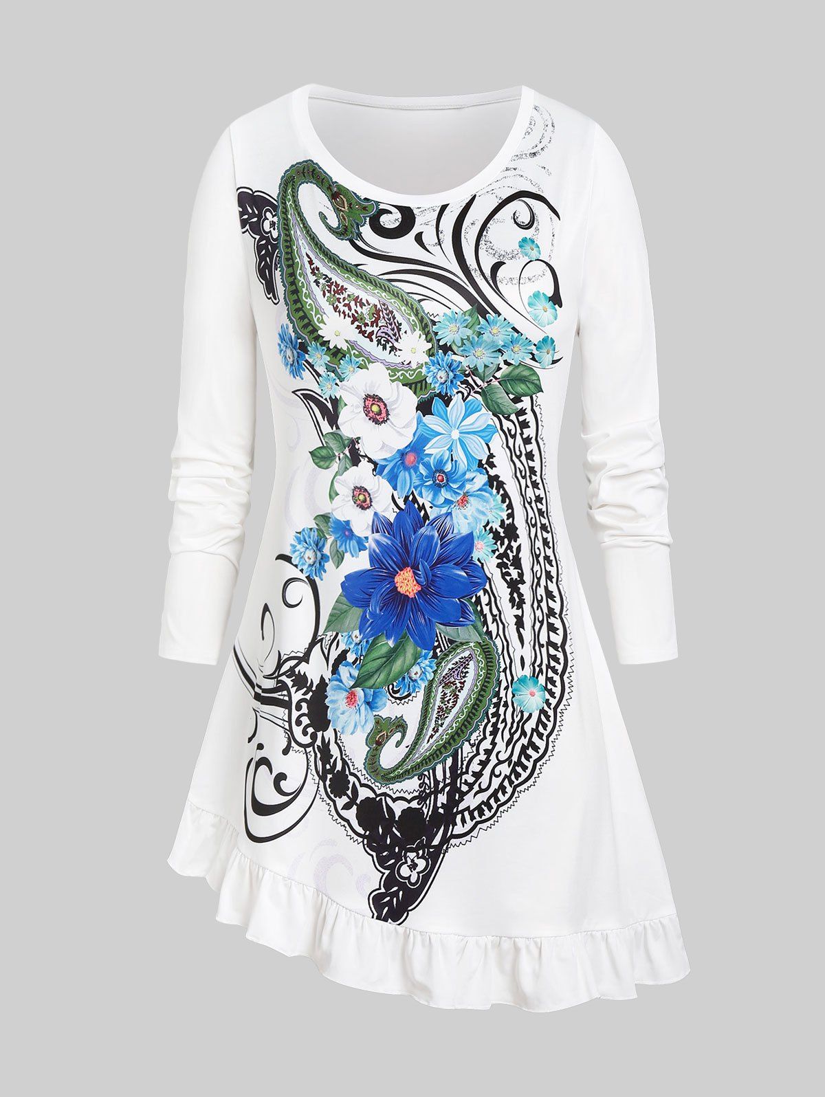 T-shirt Cachemire à Imprimé Fleur de Grande Taille Ourlet à Volants - Blanc 5X
