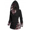 Twisted Cable Knit Plaid Print Hooded Sweater Mock Button Ruched Shawl Neck Sweater - GREEN M