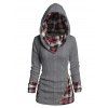 Twisted Cable Knit Plaid Print Hooded Sweater Mock Button Ruched Shawl Neck Sweater - GRAY S