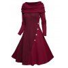 Cable Knit Panel Long Sleeve Knit Dress Mock Button Cowl Neck A Line Knitted Dress - DEEP RED L