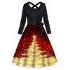 Robe Combinée Ligne A à Imprimé Sapin de Noël Ceinturée Brillante à Manches Longues - Rouge foncé S