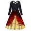 Robe Combinée Ligne A à Imprimé Sapin de Noël Ceinturée Brillante à Manches Longues - Rouge foncé S