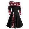 Mini Robe Ligne A en Blocs de Couleurs à Imprimé Flocon de Neige et Sapin de Noël à Manches Longues - Noir XXL