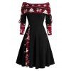 Mini Robe Ligne A en Blocs de Couleurs à Imprimé Flocon de Neige et Sapin de Noël à Manches Longues - Noir XXL