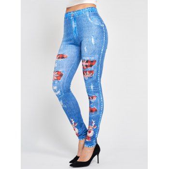 

Christmas Cute Elk Snowflake Plaid Faux Denim 3D Print Jeggings Long Skinny High Waist Leggings, Blue