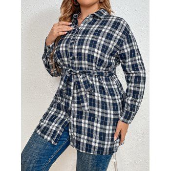 

Plus Size Shirt Plaid Print Full Sleeve Shirt Button Up Belted Long Curve Shirt, Multicolor