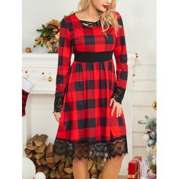 

Plaid Print Long Sleeve Modest Dress Flower Lace Panel Crisscross High Waist Dress, Red