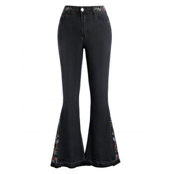 

Casual Flare Jeans Embroidery Flower Pockets Dark Wash Zipper Fly Denim Pants, Black