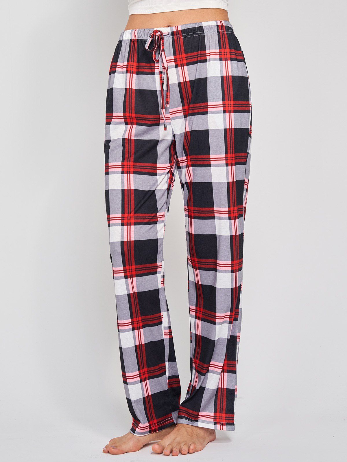 Pantalon Décontracté Long à Carreaux Imprimé Jambe Droite Taille à Cordon - multicolor S