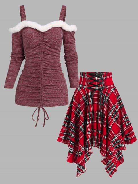 Faux Fur Cold Shoulder Cinched Heathered Knit Top And Plaid Print Lace-up Layered Handkerchief Skirt Casual Outfit