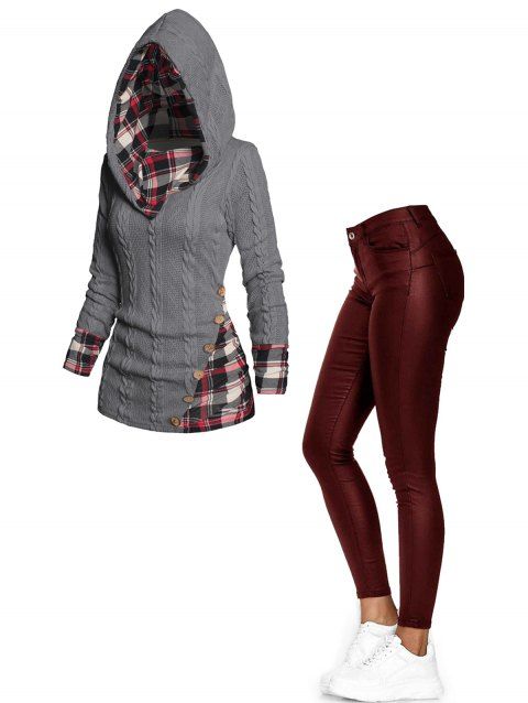 Twisted Cable Knit Plaid Print Mock Button Ruched Hooded Sweater And PU Pants Casual Outfit