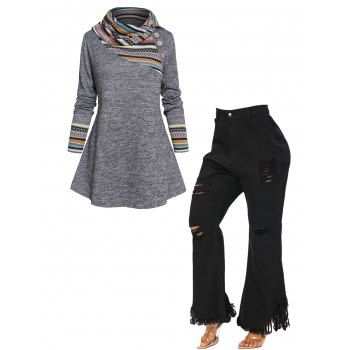 

Plus Size Tribal Pattern Stripe Panel Mock Button Knit Top And Frayed Hem Distressed Flare Jeans Casual Outfit, Multicolor