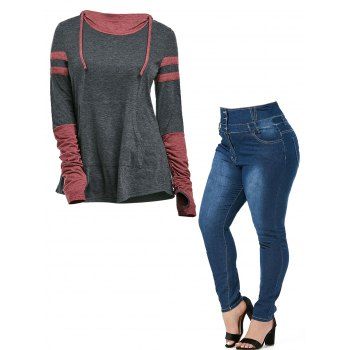 Plus Size Contrast Heathered Thumb Hole Kangaroo Pocket Hooded T Shirt And Jeans Casual Outfit