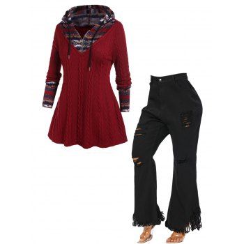

Plus Size Cable Knit Tribal Print Faux Twinset Hooded Sweater And Frayed Hem Distressed Flare Jeans Casual Outfit, Multicolor