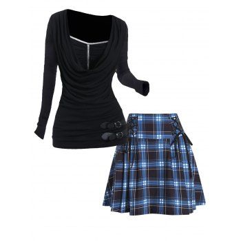 

Contrast Pipe Draped Buckle Ruched T Shirt And Plaid Print Mini Skirt Lace Up Pleated Tennis Skirt Casual Outfit, Multicolor