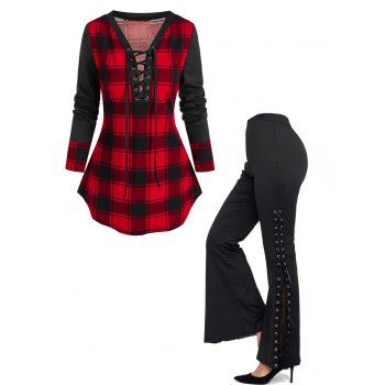 

Plaid Print Lace-up Long Sleeve T Shirt And Eyelet Lace Up Sheer Lace Panel Flare Pants Casual Outfit, Multicolor