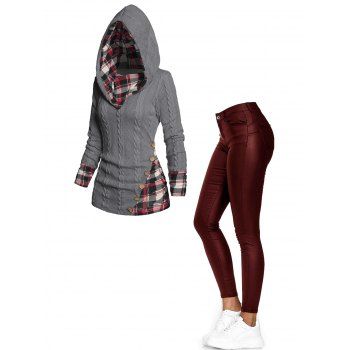 

Twisted Cable Knit Plaid Print Mock Button Ruched Hooded Sweater And PU Pants Casual Outfit, Multicolor