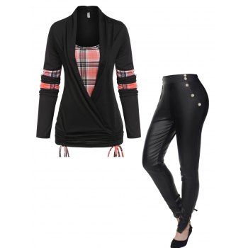 

Plaid Cinched Tie Ruched Rolled Up Sleeve Twofer T Shirt And Zip Hem Faux Leather Mock Button Pencil Pants Casual Outfit, Black