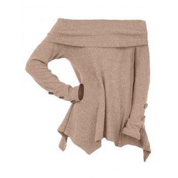 

Off The Shoulder Foldover Asymetric Knitwear Foldover Mock Button Long Sleeve Handkerchief Knit Top, Light coffee
