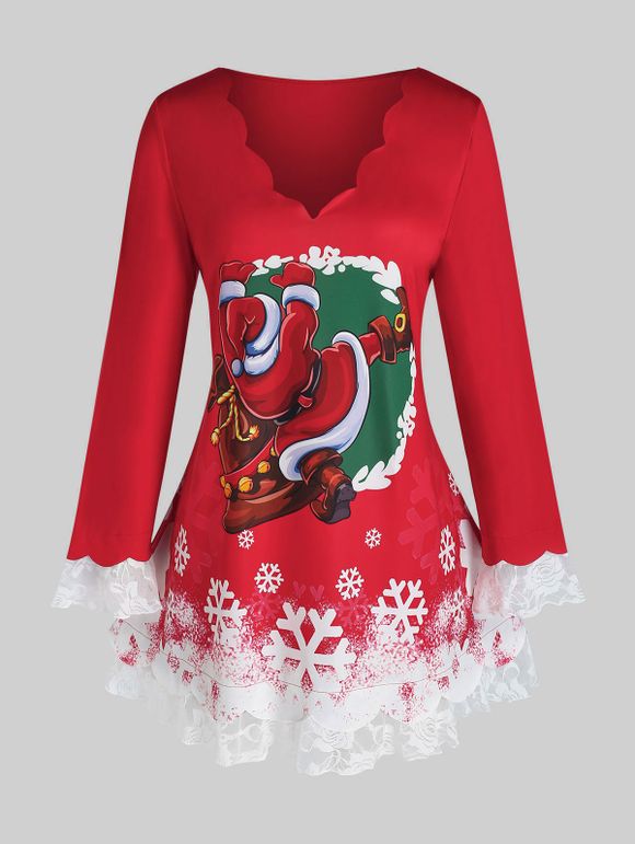 T-shirt Tunique Imprimé Père Noël et Flocon de Neige Grande Taille - Rouge Vineux 5X
