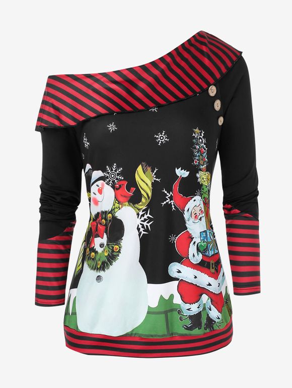 Sweat-shirt Père Noël et Bonhomme de Neige de Grande Taille à Col Oblique - Rouge Vineux 4X