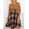 Ensemble de Haut Court Vintage Croisé en Tricot à Câble et de Mini Robe à Carreaux à Taille Haute Deux Pièces - café XXL