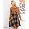 Ensemble de Haut Court Vintage Croisé en Tricot à Câble et de Mini Robe à Carreaux à Taille Haute Deux Pièces - café XXL