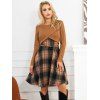 Ensemble de Haut Court Vintage Croisé en Tricot à Câble et de Mini Robe à Carreaux à Taille Haute Deux Pièces - café XXL