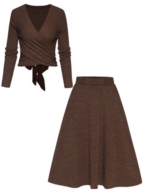 Crossover Bowknot Tied Back Long Sleeve Cropped Top And Elastic A Line Midi Skirt Plain Color Knitted Outfit