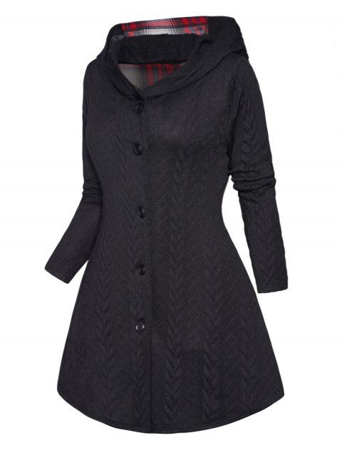 Cable Knit Coat Plaid Print Panel Hooded Coat Lace Up Full Sleeve Button Up Long Knitted Coat