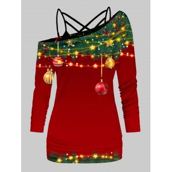

Christmas Set Lattice Strap Cami Top And Tree Ball Print Skew Neck Long Sleeve Top Two Piece Outfit, Red