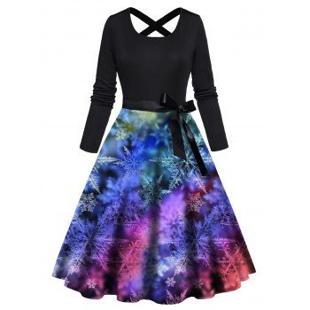 

Christmas Dress Snowflake Colored Crisscross Bowknot Belted Long Sleeve A Line Midi Dress, Multicolor