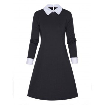 

Contrasting Turndown Collar Mini Dress Long Sleeve Casual Office Dress, Black