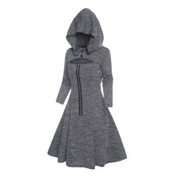 

Heather Hooded Dress Cut Out Half Zip Long Sleeve A Line Mini Dress, Dark gray