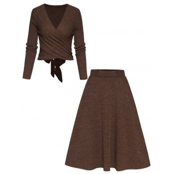 

Crossover Bowknot Tied Back Long Sleeve Cropped Top And Elastic A Line Midi Skirt Plain Color Knitted Outfit, Deep coffee